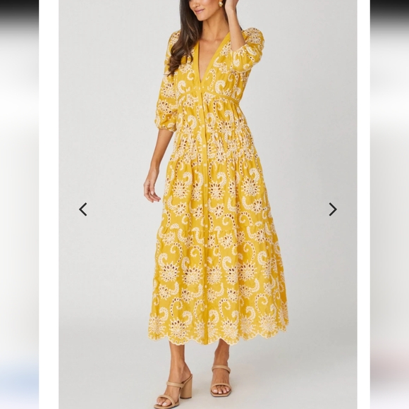 Shoshanna Sicily Midi Dress Size 4 Yellow Eyelet Lace - Picture 2 of 7